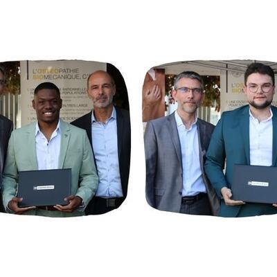 photo portrait de yoan et allan, (deux alumnis de l'école d'ostéopathie) pendant le remise de diplöme, avec david dessauge, directeur d'ostéobio.