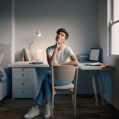 étudiant assis sur sa chaise à son bureau en train de réfléchir à son avenir dans l'ostéopathie