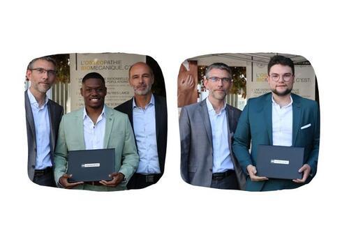 photo portrait de yoan et allan, (deux alumnis de l'école d'ostéopathie) pendant le remise de diplöme, avec david dessauge, directeur d'ostéobio.