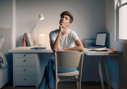 étudiant assis sur sa chaise à son bureau en train de réfléchir à son avenir dans l'ostéopathie