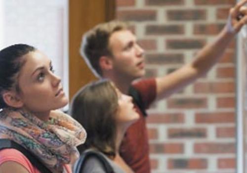 trois étudiants d'ostéopathie regardant un tableau d'informations