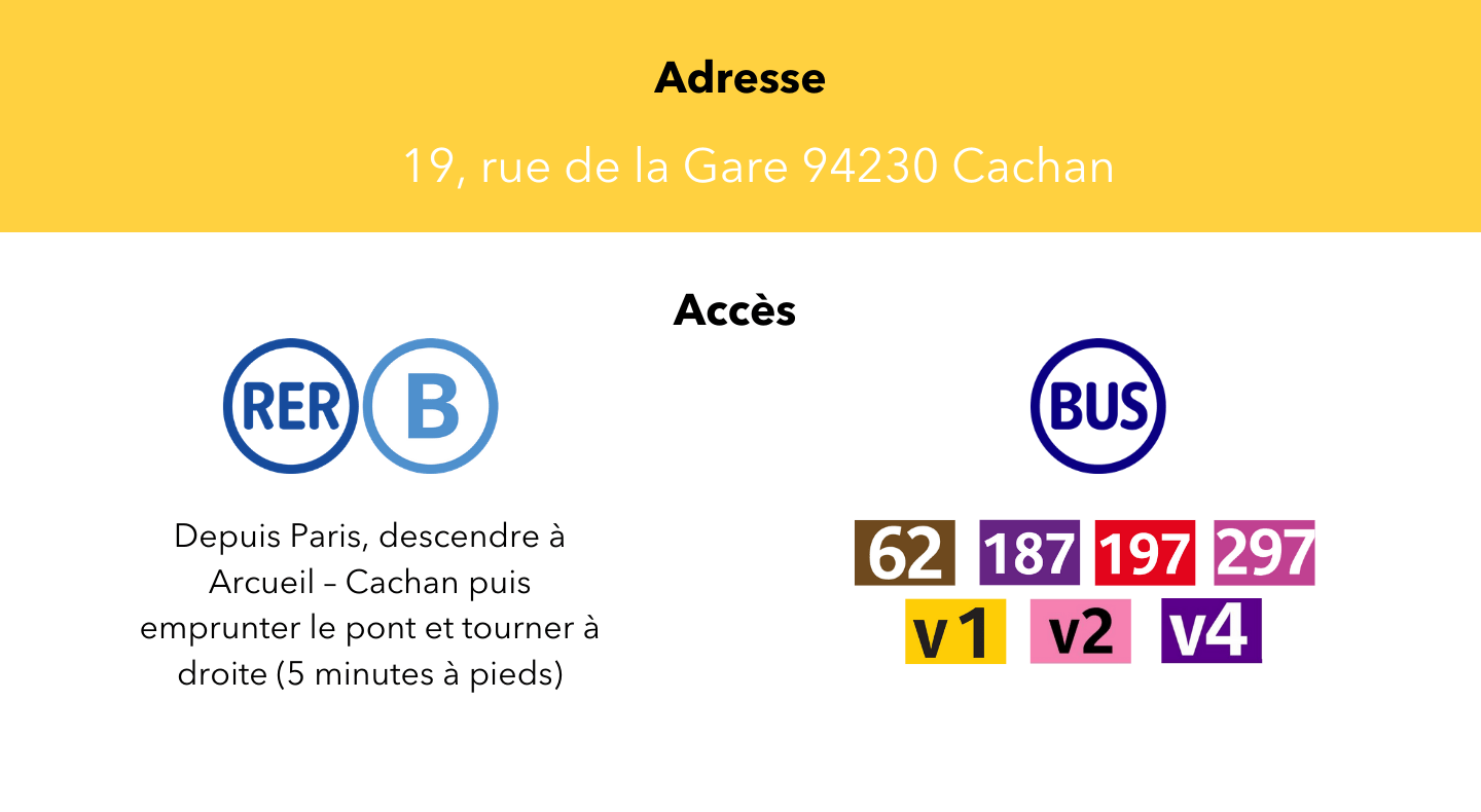 Adresse :  Ostéobio – 19, rue de la Gare – 94230 Cachan   Accès :   En RER : ligne B depuis Paris, descendre à Arcueil – Cachan puis emprunter le pont et tourner à droite (5 minutes à pieds)   En bus : ligne passant à proximité de l’école : 62 – 187 – 197 – 297 – V1 – V2 – V4